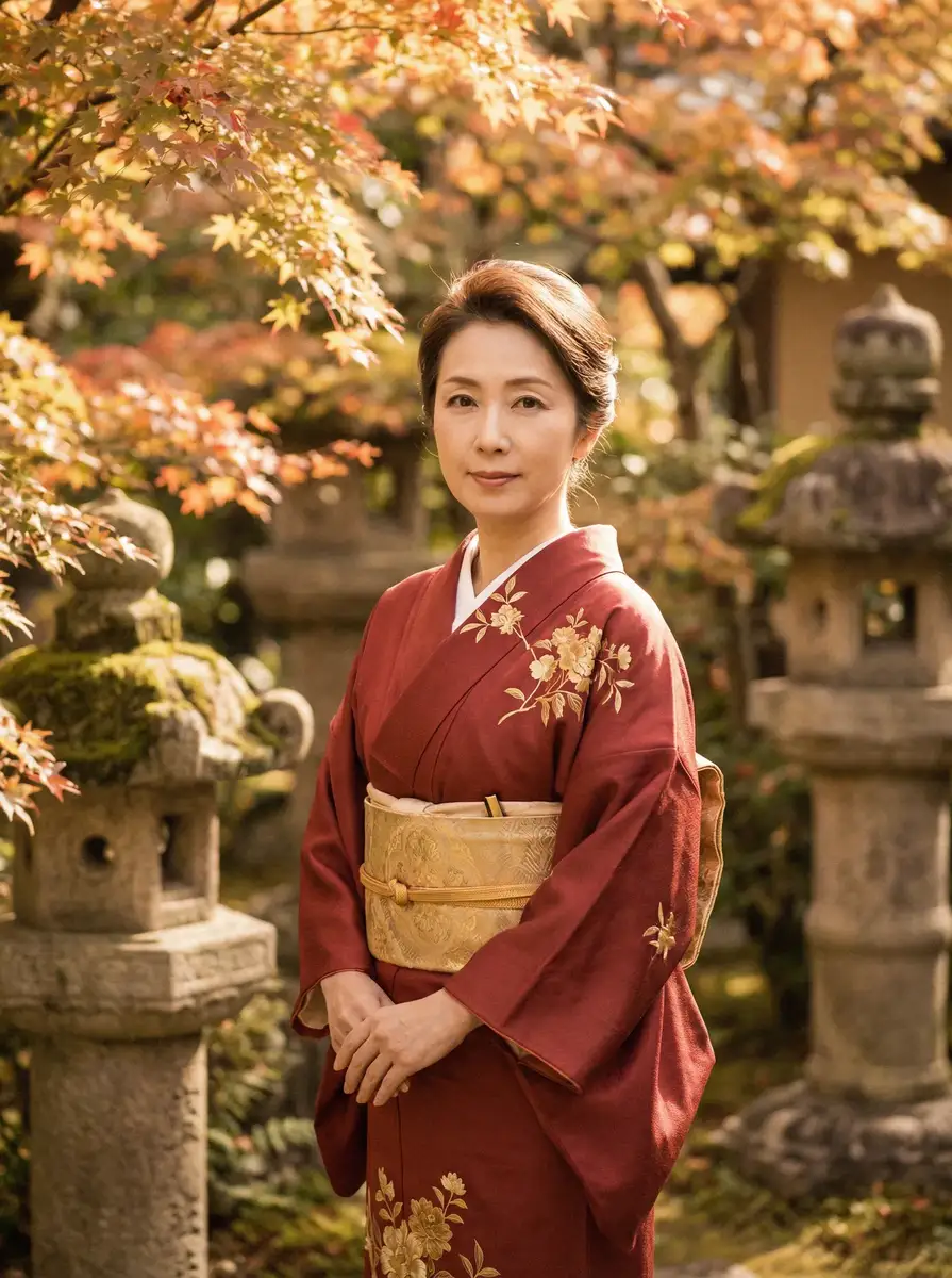 一位身穿暗红色和服的优雅 国产未成女YOUNV仙踪林 在日式庭院中